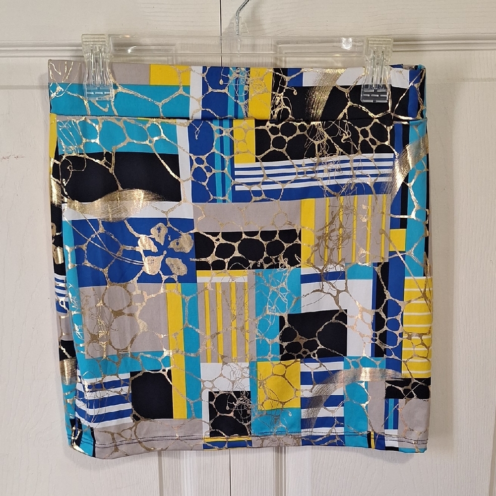 Vintage Urvana Geometric Stretch Mini Skirt - Blue Yellow Gold Foil - L